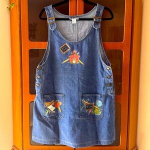 Haik’s Vintage Denim Pinafore Dress with Buckle Straps and School Motifs L